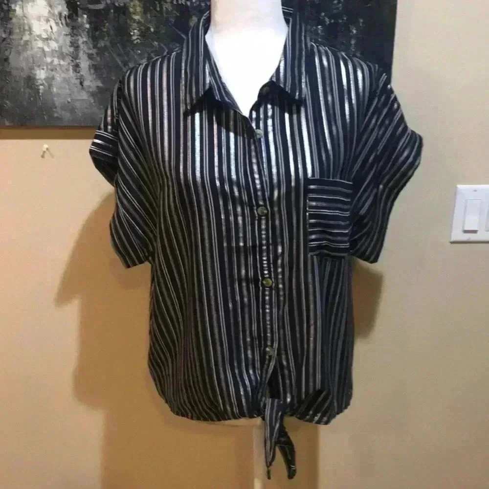 Always Indigo Women's Button Front Tie Waist Cuffed Sleeves 100% Cotton Shirt-XL